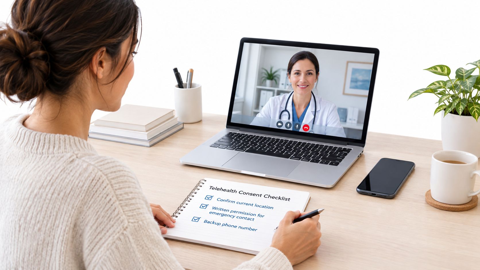 A woman reviewing a telehealth consent checklist during a video call with her doctor on a laptop.
