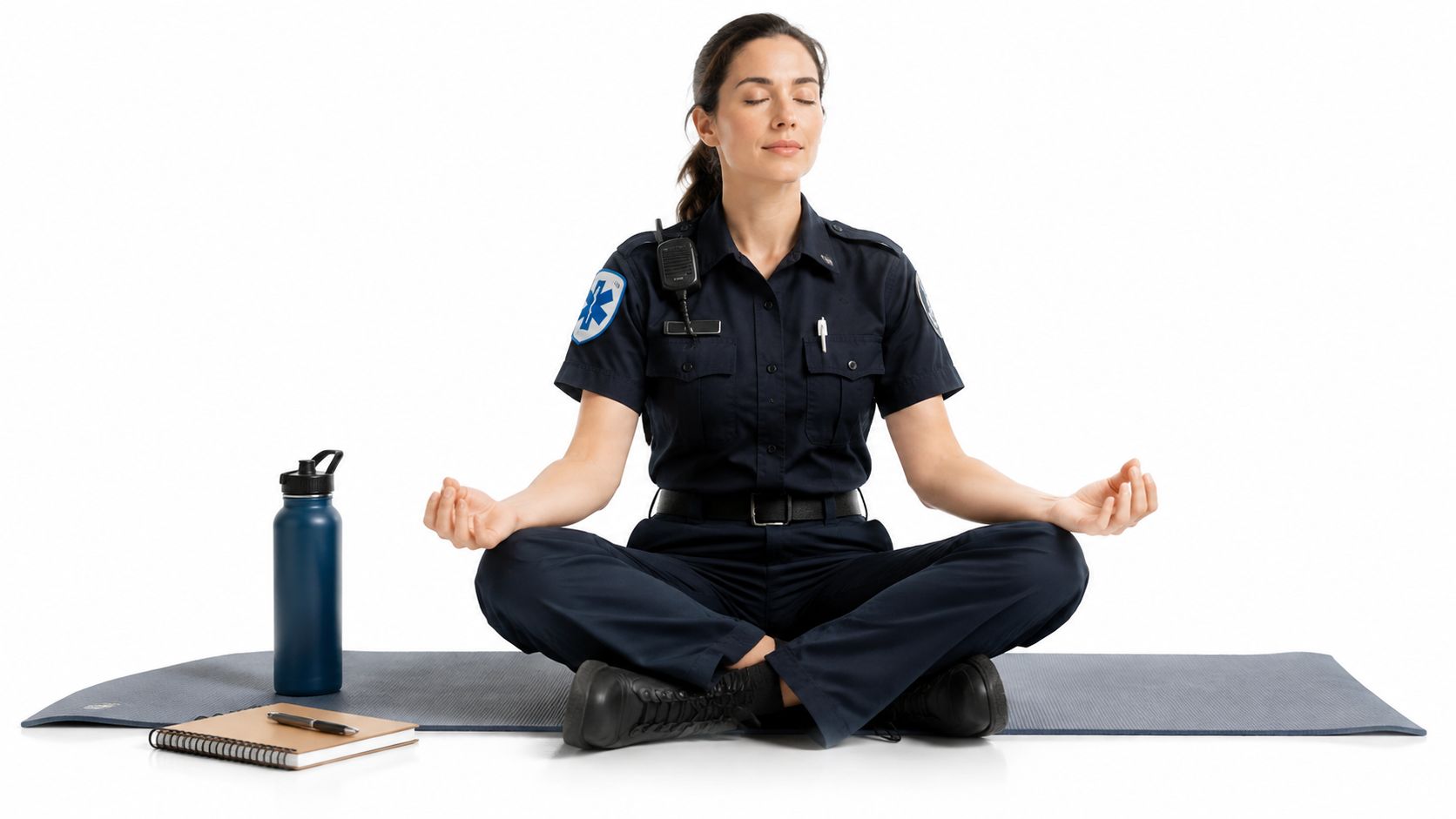 A female first responder in uniform sitting in a meditative pose on a yoga mat during break.