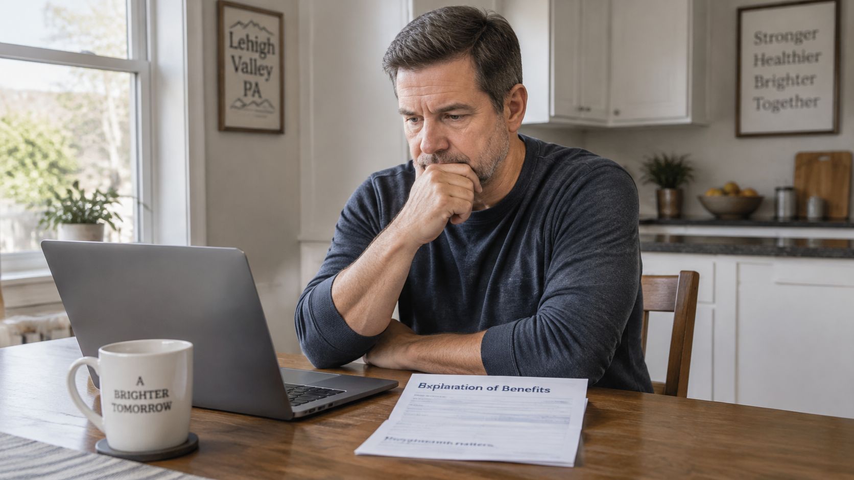 A middle-aged man sits at a kitchen table looking concerned while reviewing medical benefits paperwork.