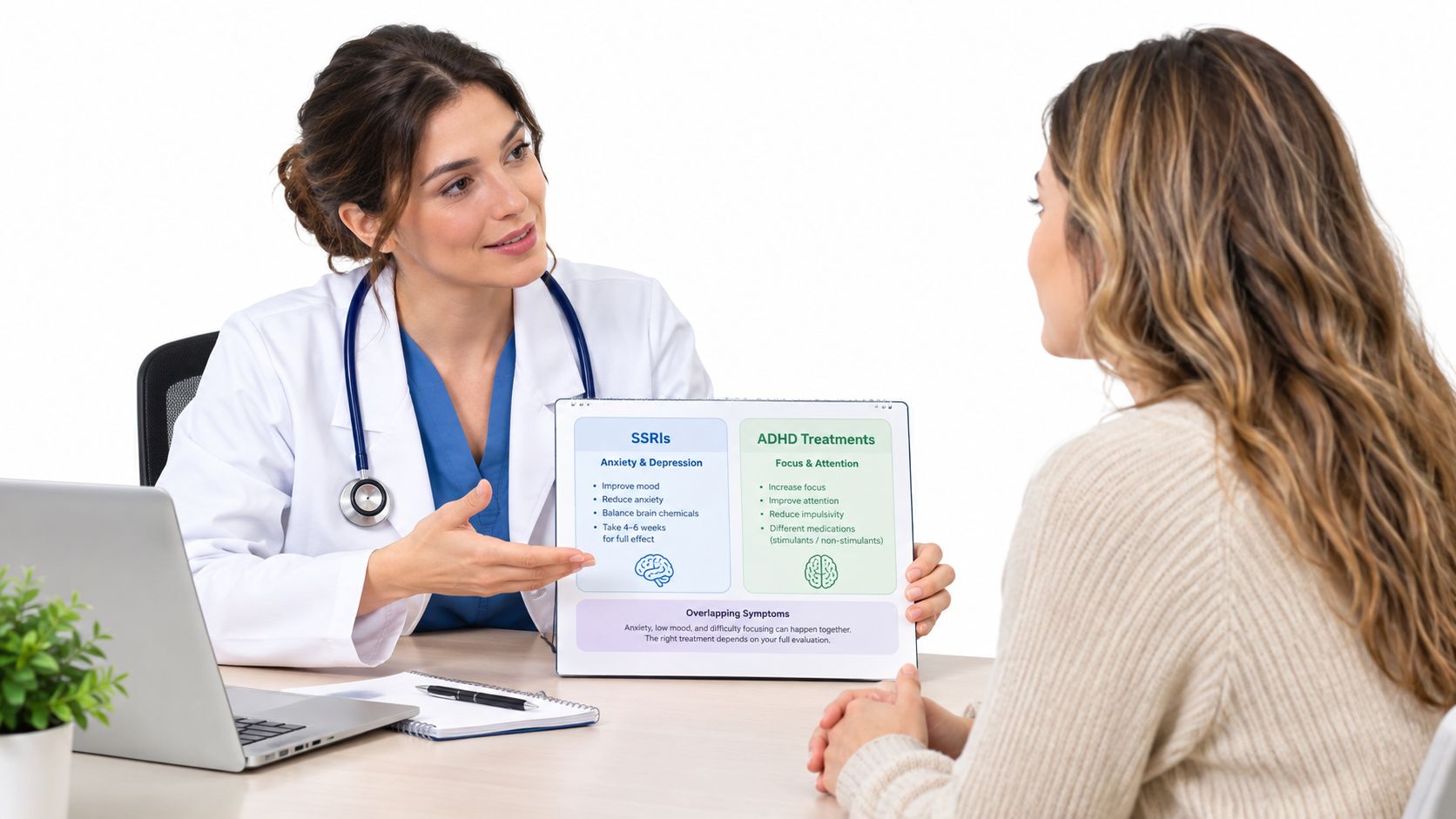 A female doctor explains treatment options for anxiety, depression, and ADHD to a patient using a chart.